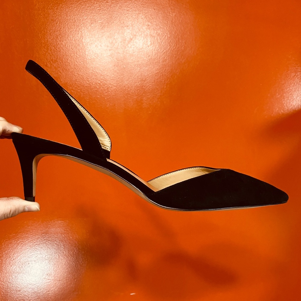 26 - Like New Black Suede Sling Back Heels Sz 11